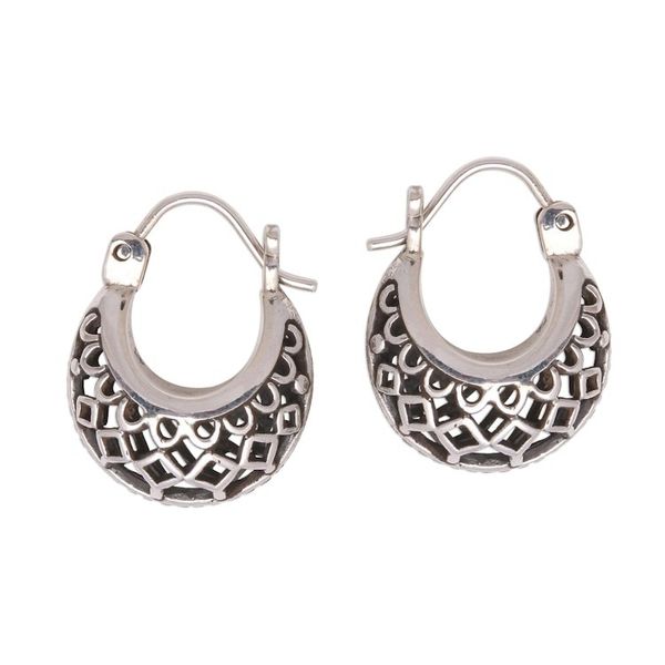 Alternate image for Openwork Sterling Silver Hoop Earrings from Bali Curved Elegance