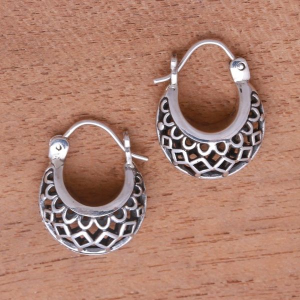 Alternate image for Openwork Sterling Silver Hoop Earrings from Bali Curved Elegance