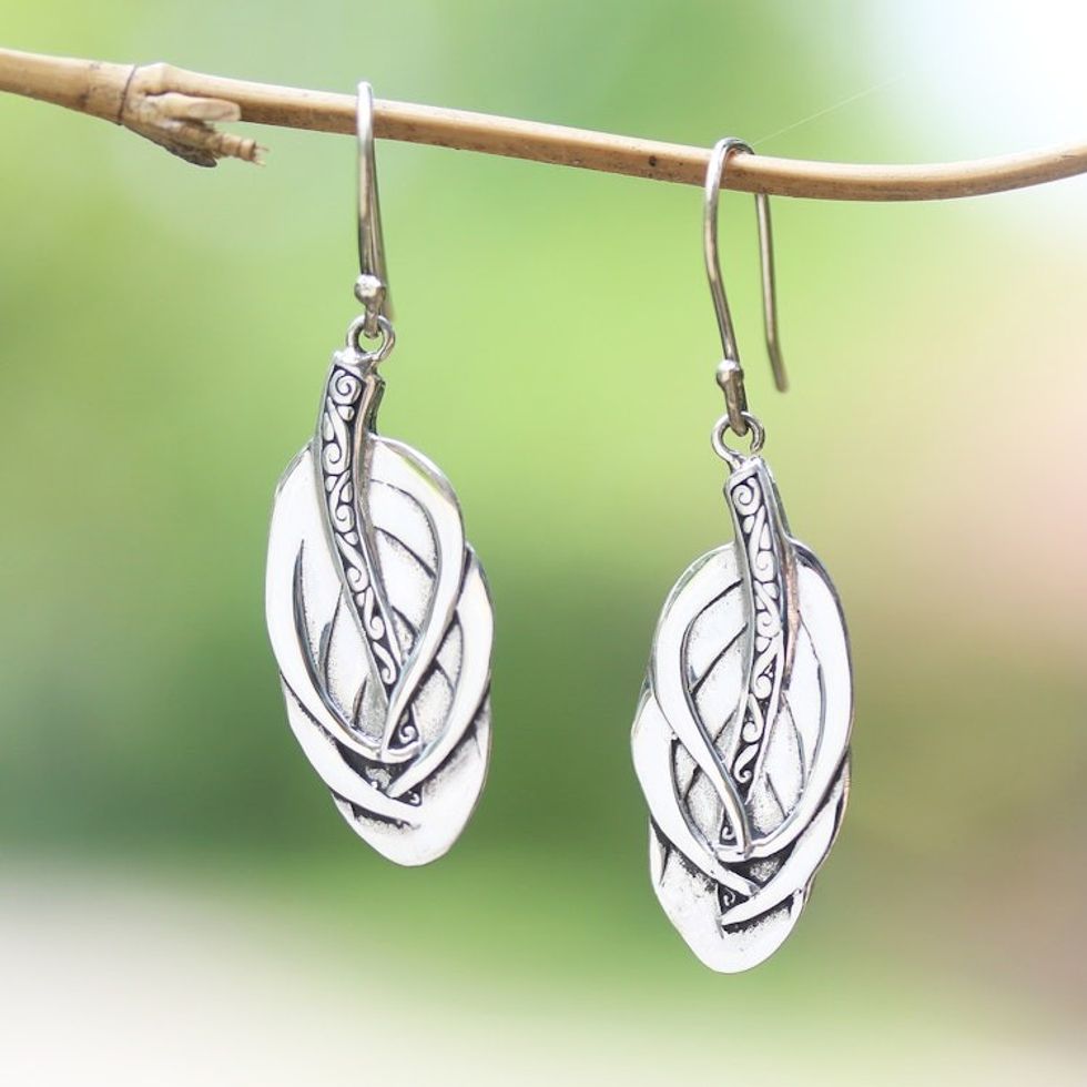 Feather-Shaped Sterling Silver Dangle Earrings from Bali 'Tufted Feathers'