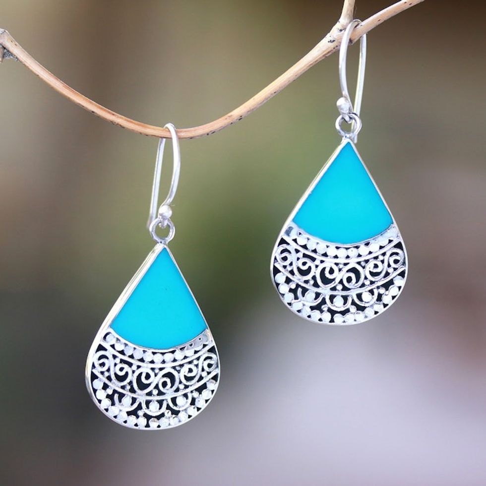 Teardrop Sterling Silver and Resin Dangle Earrings from Bali 'Bali Tears'