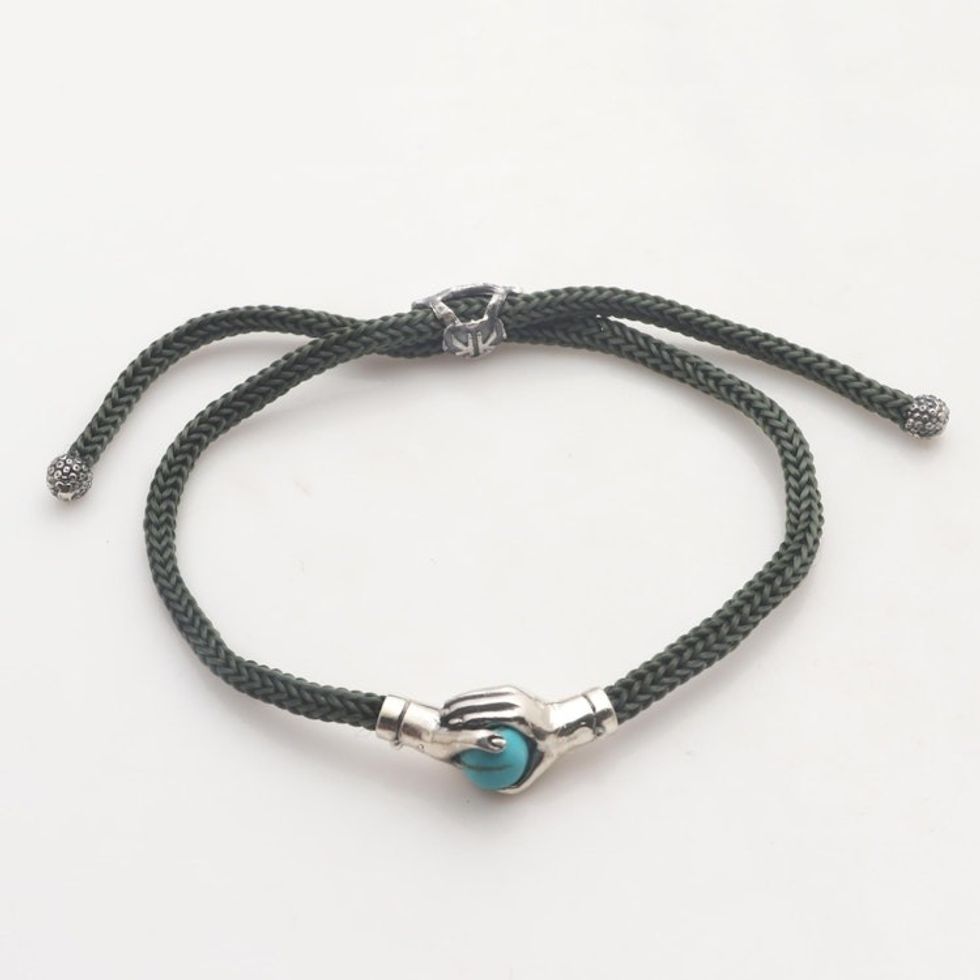 Bali Silver Reconstituted Turquoise Cord Unity Bracelet 'Silver Blue Handshake'