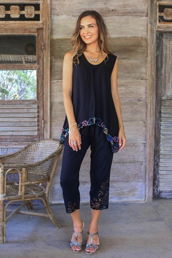 Alternate image for Floral Embroidered Rayon Blouse in Black from Bali Flower Colors in Black