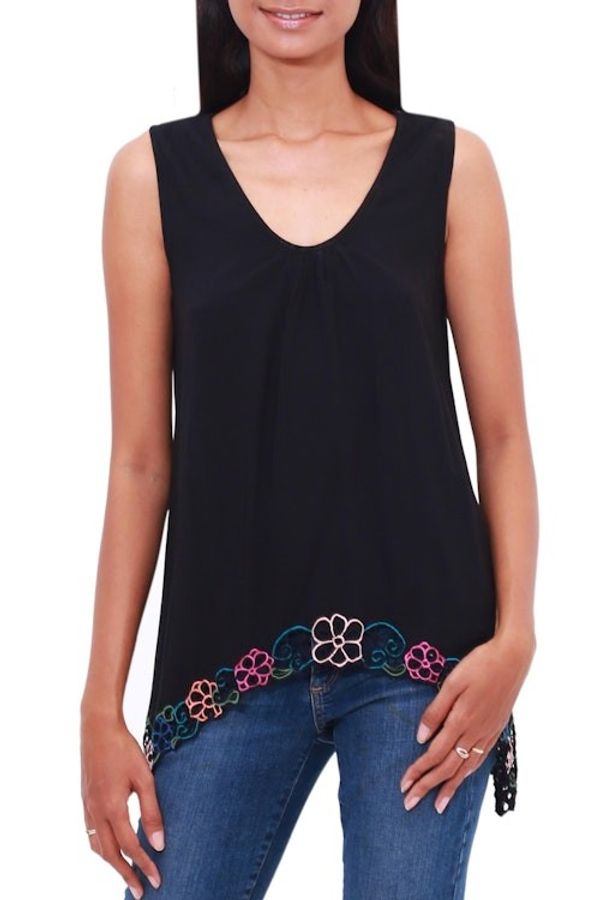 Alternate image for Floral Embroidered Rayon Blouse in Black from Bali Flower Colors in Black