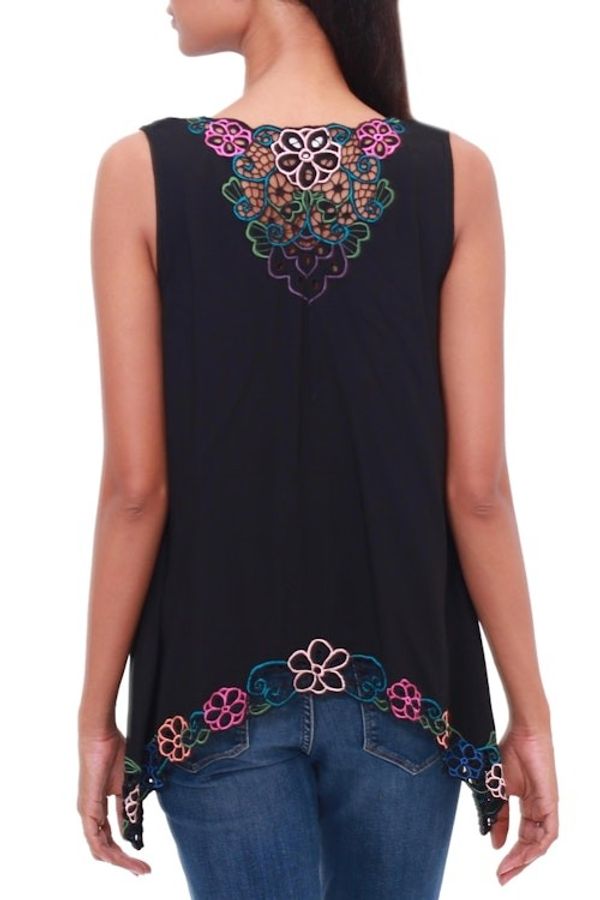 Alternate image for Floral Embroidered Rayon Blouse in Black from Bali Flower Colors in Black