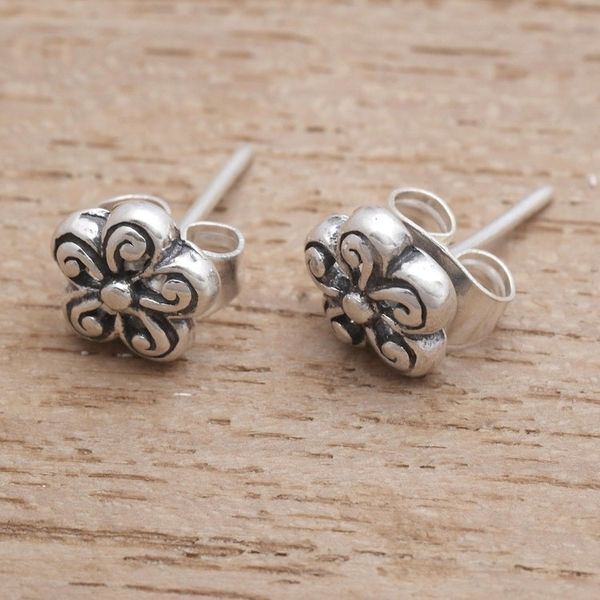 Alternate image for Spiral Pattern Floral Sterling Silver Stud Earrings Small Curls