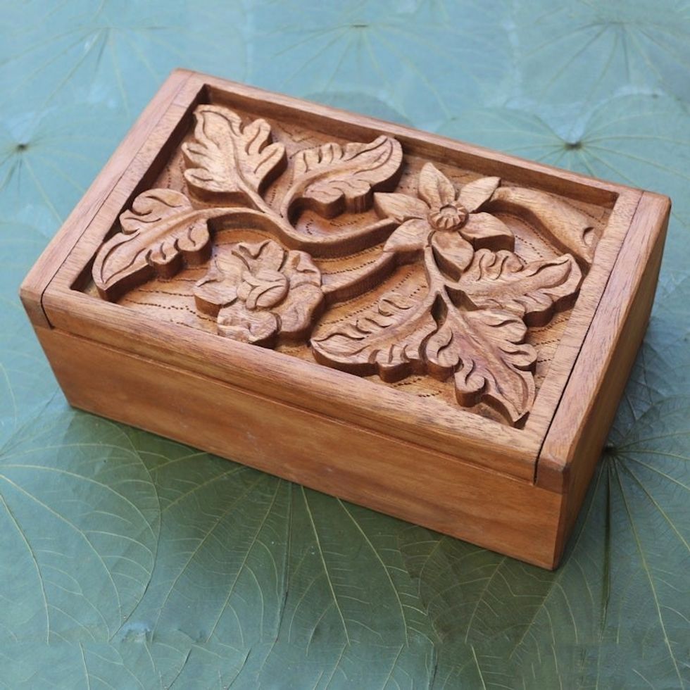 Wood Jewelry Box Handmade Flower and Leaf Motif 'Growing Flower'