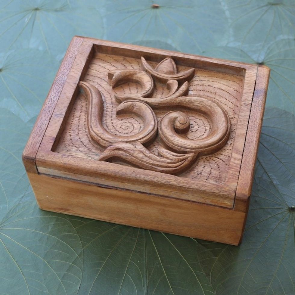 Hand Carved Decorative Wood Box with Jepun Flower Relief 'Ong-Kara'