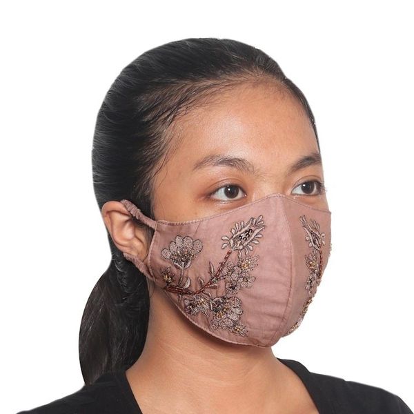 Alternate image for 2 Beaded Embroidered Cotton Face Masks in Tan and Ivory Glamorous Tan and Ivory