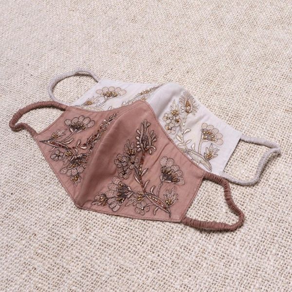 Alternate image for 2 Beaded Embroidered Cotton Face Masks in Tan and Ivory Glamorous Tan and Ivory