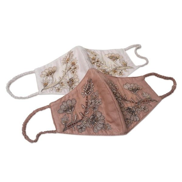 Alternate image for 2 Beaded Embroidered Cotton Face Masks in Tan and Ivory Glamorous Tan and Ivory