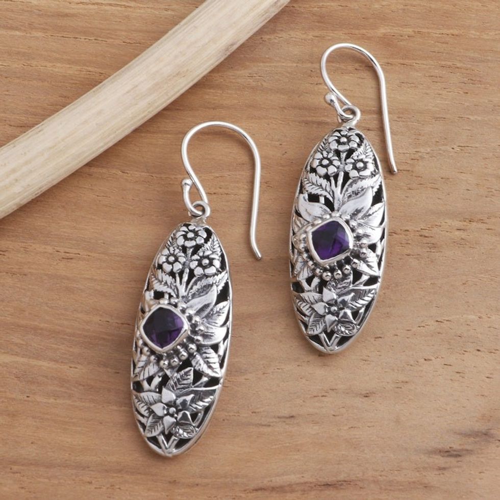 Dangle Earrings with Amethyst and Sterling Silver 'Flower Shield'