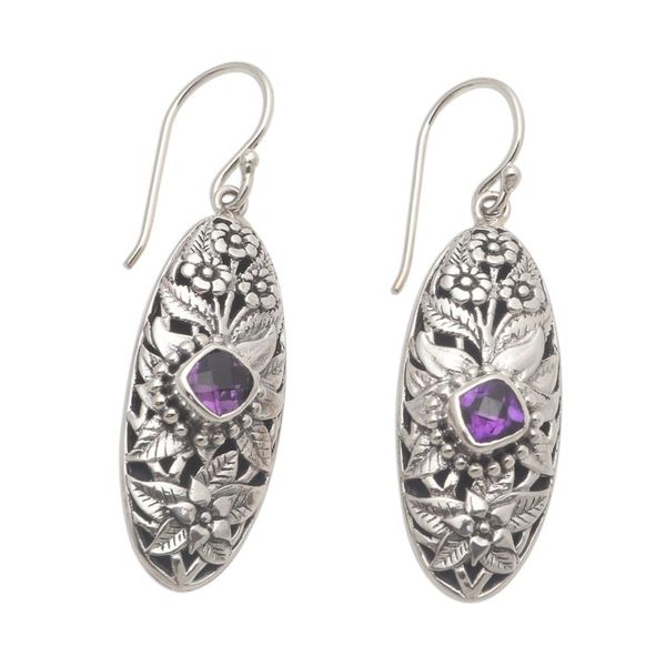 Alternate image for Dangle Earrings with Amethyst and Sterling Silver Flower Shield