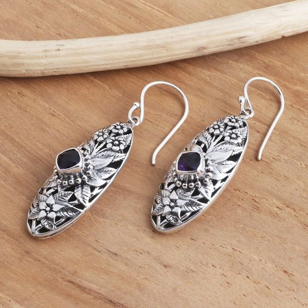 Alternate image for Dangle Earrings with Amethyst and Sterling Silver Flower Shield