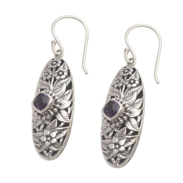 Alternate image for Dangle Earrings with Amethyst and Sterling Silver Flower Shield