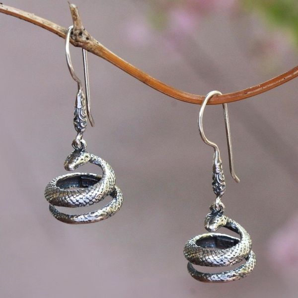 Alternate image for Sterling Silver Snake Dangle Earrings Crafted in Bali Protective Cobras