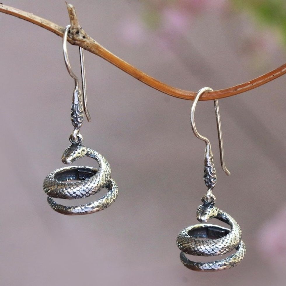 Sterling Silver Snake Dangle Earrings Crafted in Bali 'Protective Cobras'