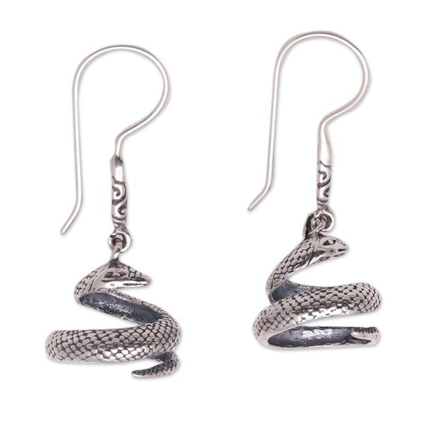 Alternate image for Sterling Silver Snake Dangle Earrings Crafted in Bali Protective Cobras