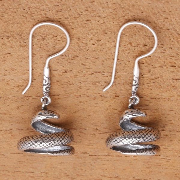 Alternate image for Sterling Silver Snake Dangle Earrings Crafted in Bali Protective Cobras