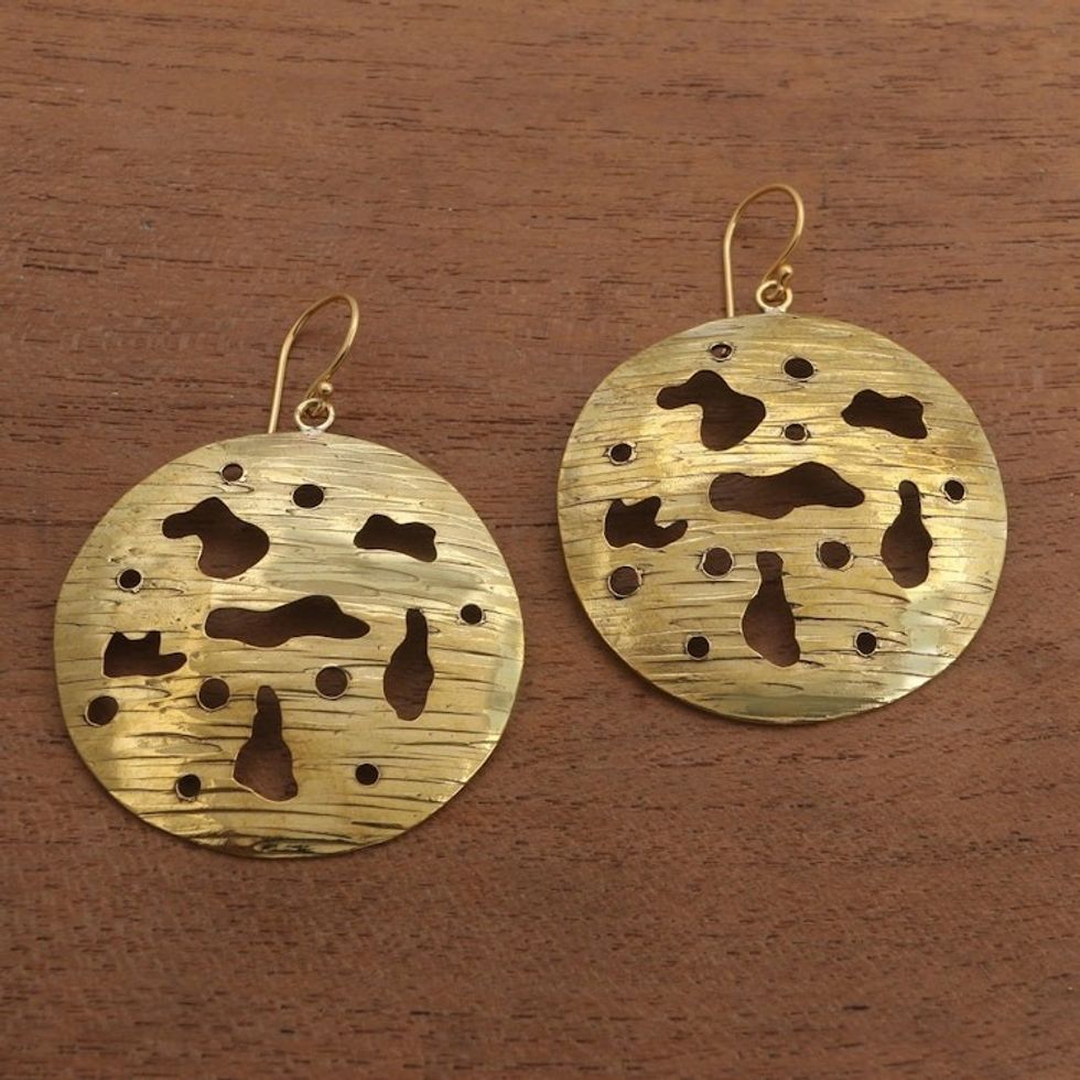 Circular Abstract Brass Dangle Earrings from Bali 'Abstract Suns'
