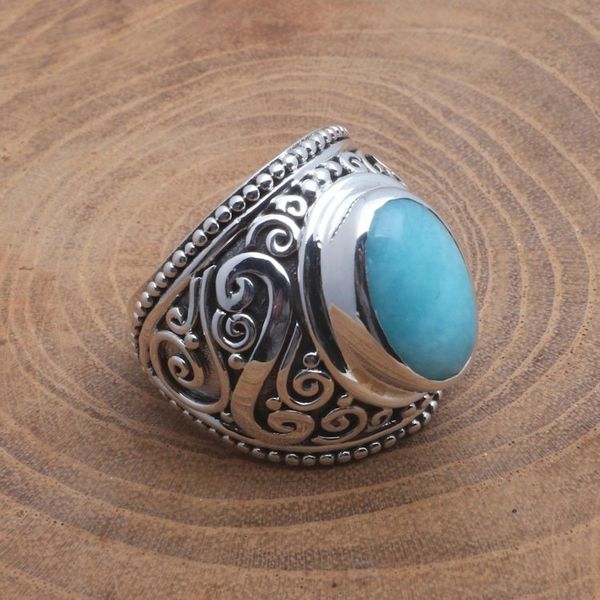 Alternate image for Oval Amazonite Sterling Silver Scroll Motif Cocktail Ring Misty Temple