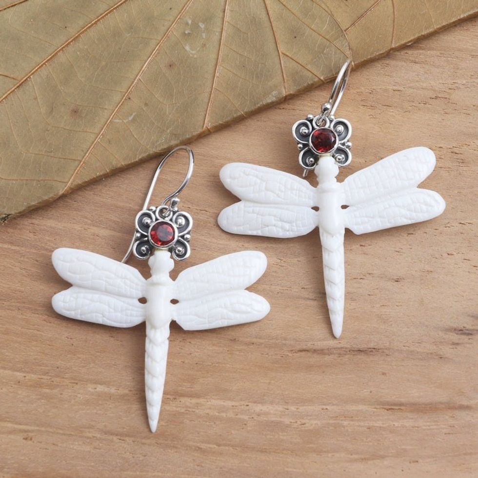 Dragonfly Dangle Earrings with Garnet 'Dragonfly Crown'