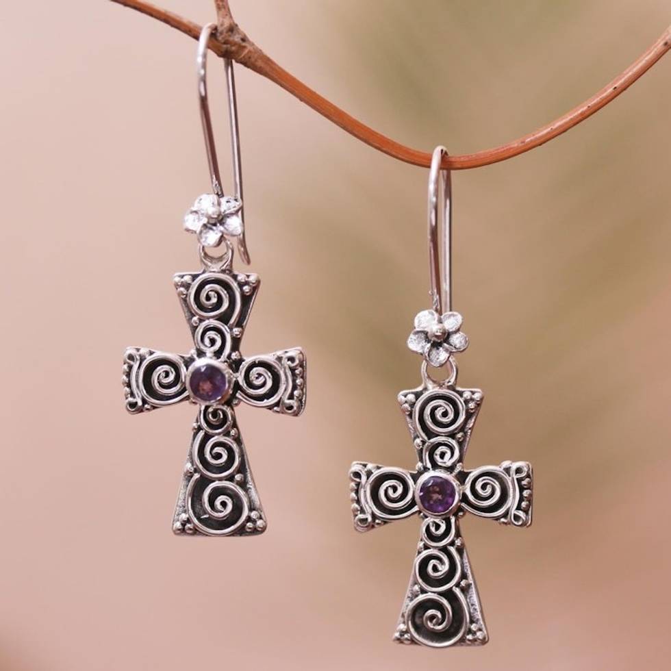 Spiral Pattern Amethyst Cross Dangle Earrings from Bali 'Spiral Faith'