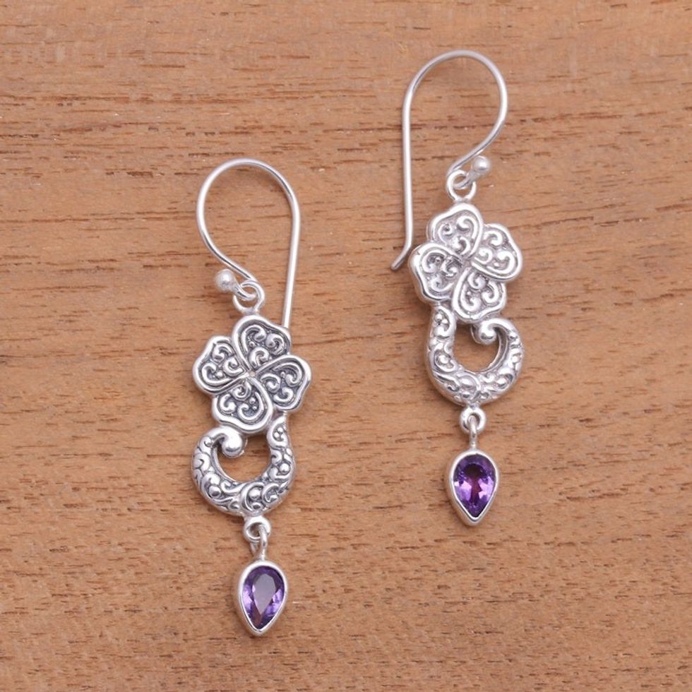 Floral Amethyst Teardrop Dangle Earrings from Bali 'Waterfall Dew'