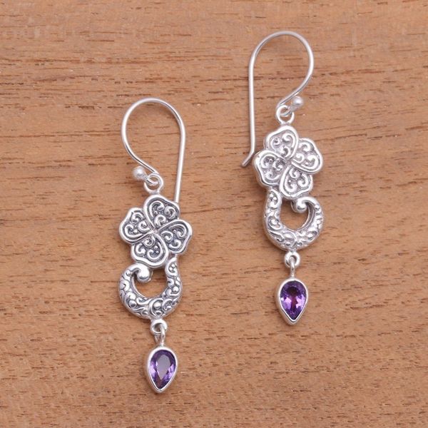 Alternate image for Floral Amethyst Teardrop Dangle Earrings from Bali Waterfall Dew