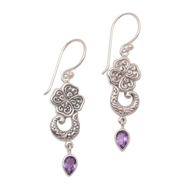 Alternate image for Floral Amethyst Teardrop Dangle Earrings from Bali Waterfall Dew