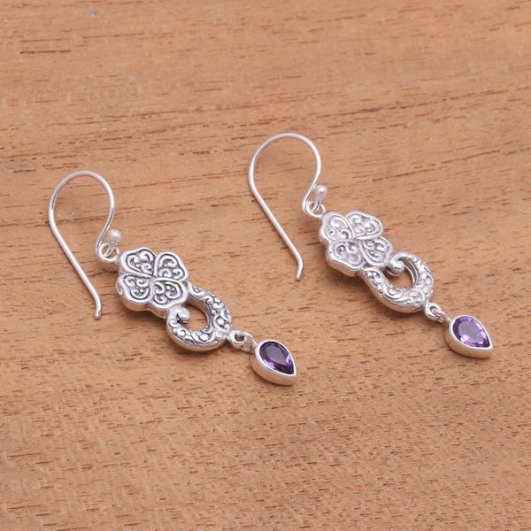 Alternate image for Floral Amethyst Teardrop Dangle Earrings from Bali Waterfall Dew