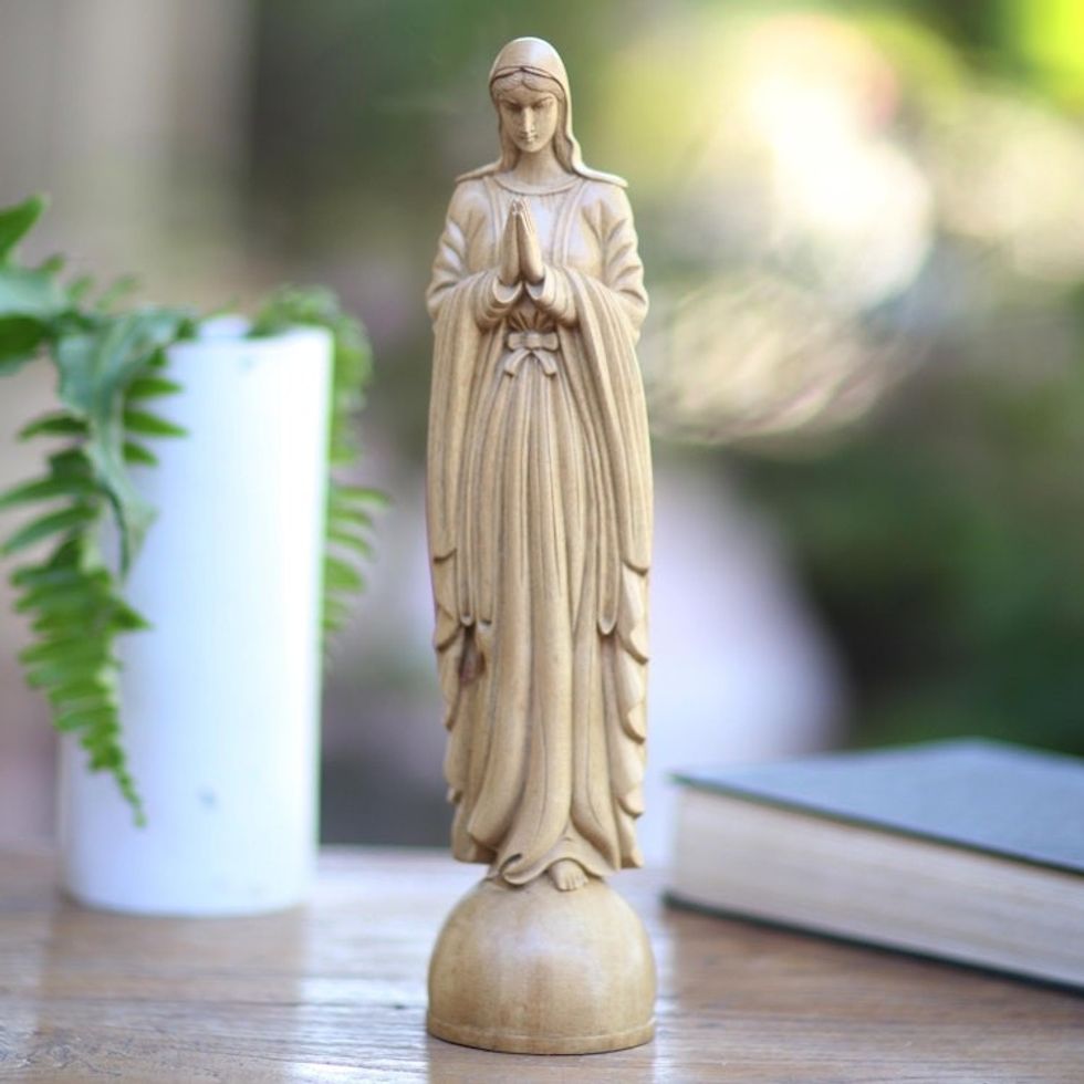 Signed Hand Carved Sculpture of Mother Mary 'Mother Mary in Prayer'