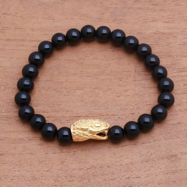 Alternate image for Gold Accented Snake-Themed Onyx Beaded Stretch Bracelet Fierce Snake