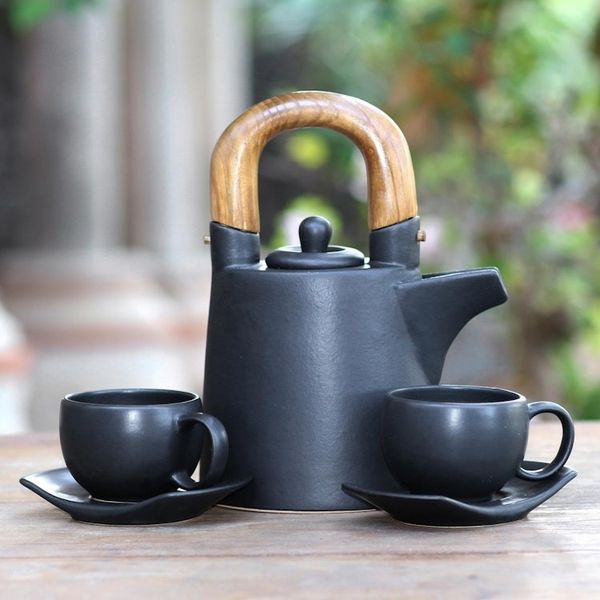 Alternate image for Matte Black Ceramic Tea Set for Two 5 Pcs Midnight Cup