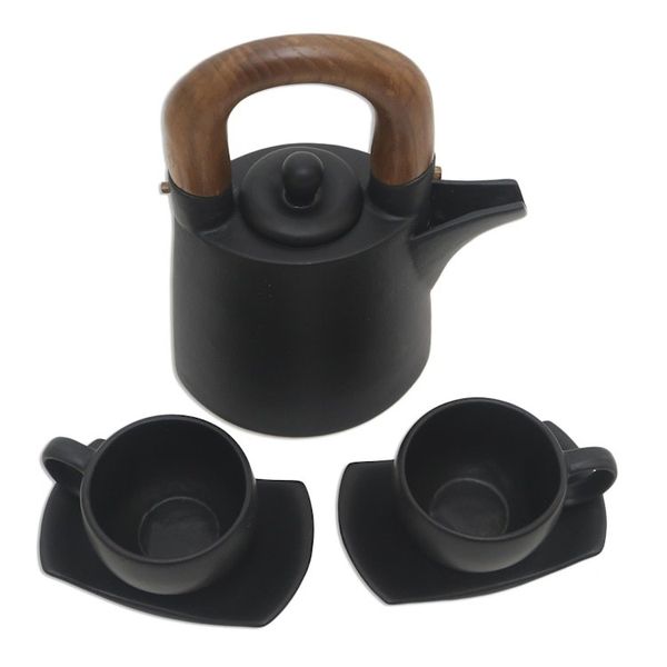 Alternate image for Matte Black Ceramic Tea Set for Two 5 Pcs Midnight Cup