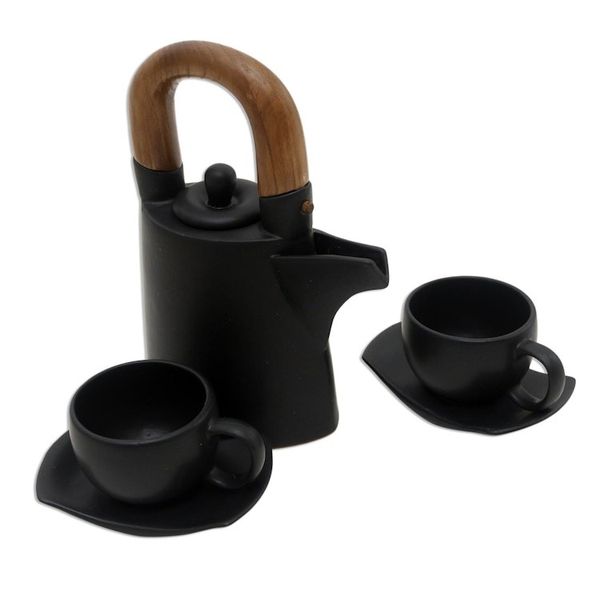 Alternate image for Matte Black Ceramic Tea Set for Two 5 Pcs Midnight Cup