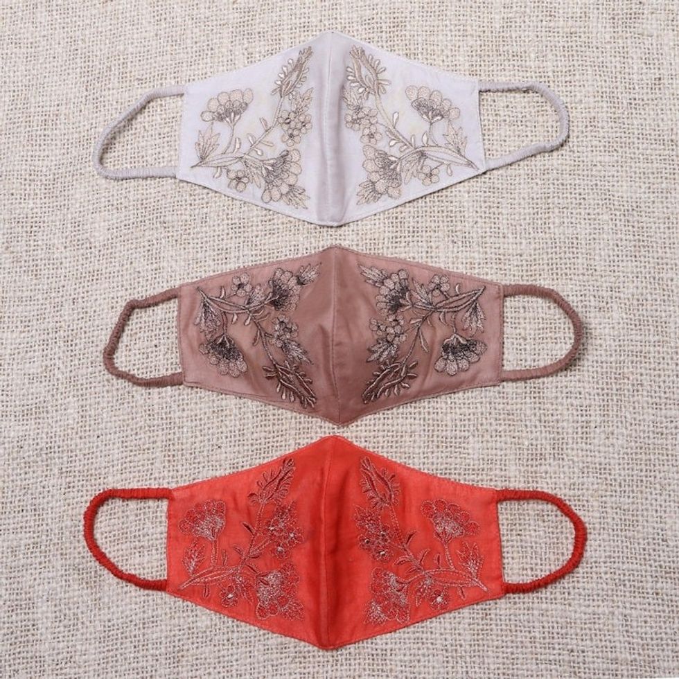 3 Embroidered Floral Cotton Contoured Face Masks 'Warm Blossoms'