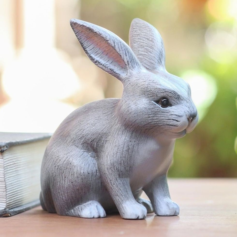 Balinese Signed Grey Bunny Rabbit Wood Sculpture 'Inquisitive Grey Rabbit'