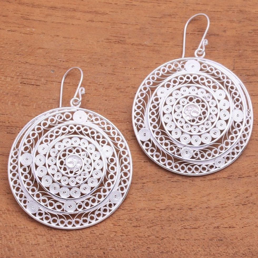 Circular Sterling Silver Filigree Dangle Earrings from Java 'Elegant Shields'