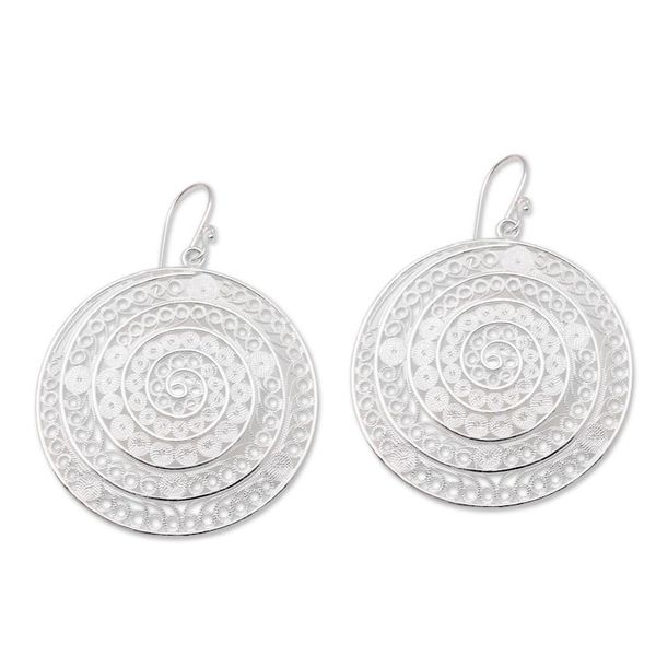 Alternate image for Circular Sterling Silver Filigree Dangle Earrings from Java Elegant Shields