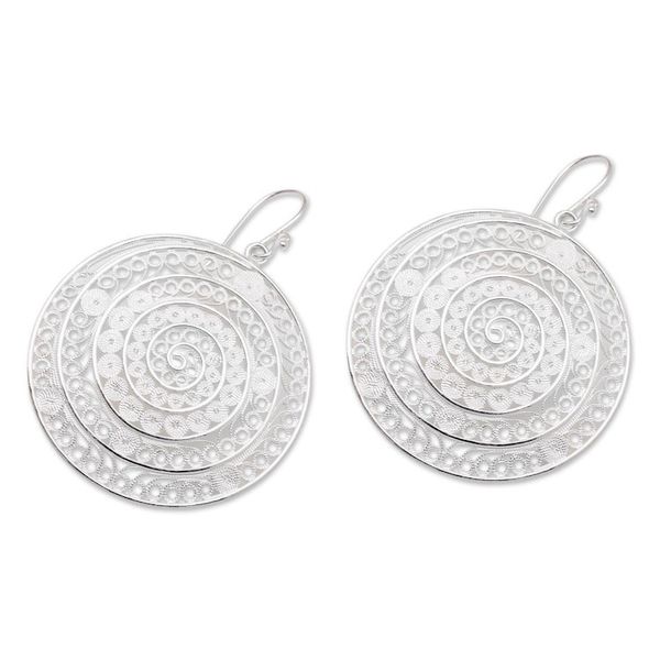 Alternate image for Circular Sterling Silver Filigree Dangle Earrings from Java Elegant Shields