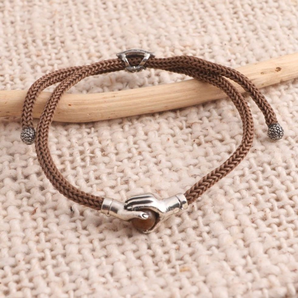 Bali Tiger's Eye and Sterling Silver Cord Unity Bracelet 'Silver Handshake'