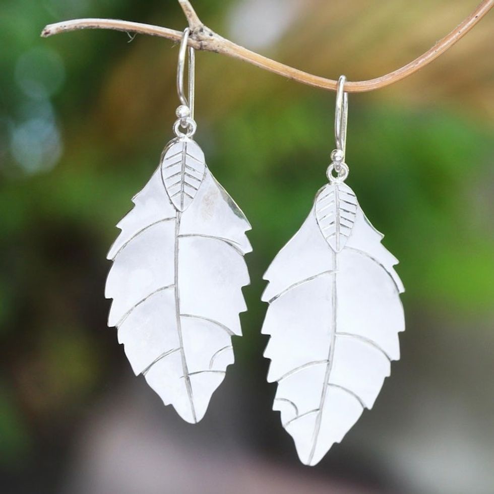 Polished Sterling Silver Leaf Dangle Earrings 'Shimmering Leaf'