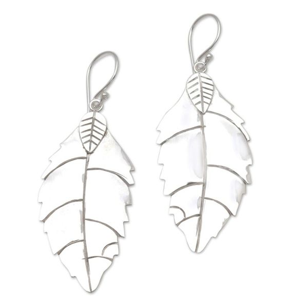 Alternate image for Polished Sterling Silver Leaf Dangle Earrings Shimmering Leaf