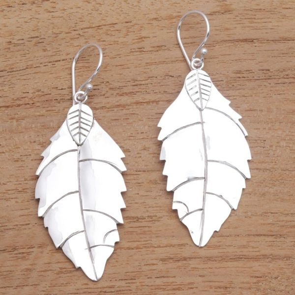 Alternate image for Polished Sterling Silver Leaf Dangle Earrings Shimmering Leaf