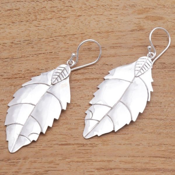 Alternate image for Polished Sterling Silver Leaf Dangle Earrings Shimmering Leaf