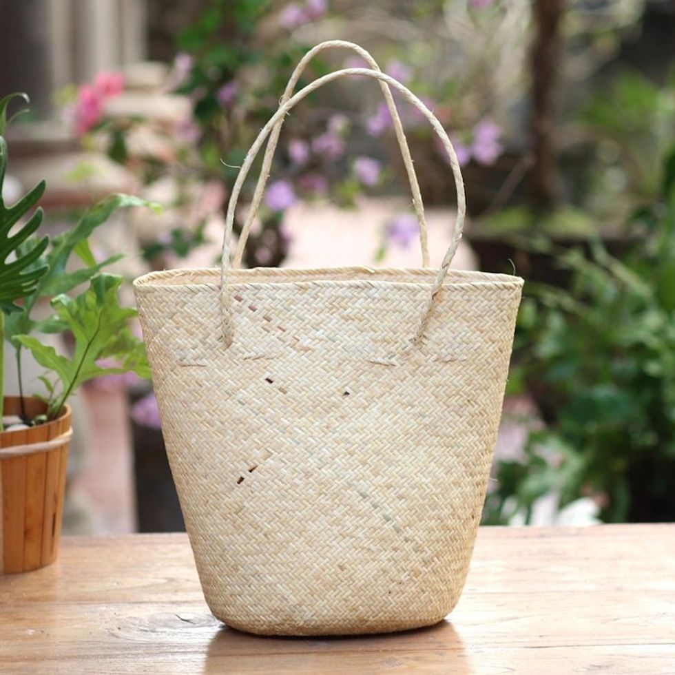 Handwoven Natural Cream Rattan Open Top Tote 'Natural Cream'
