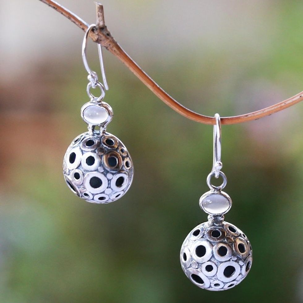 Circle Pattern Moonstone Dangle Earrings from Bali 'Chic Orbs'
