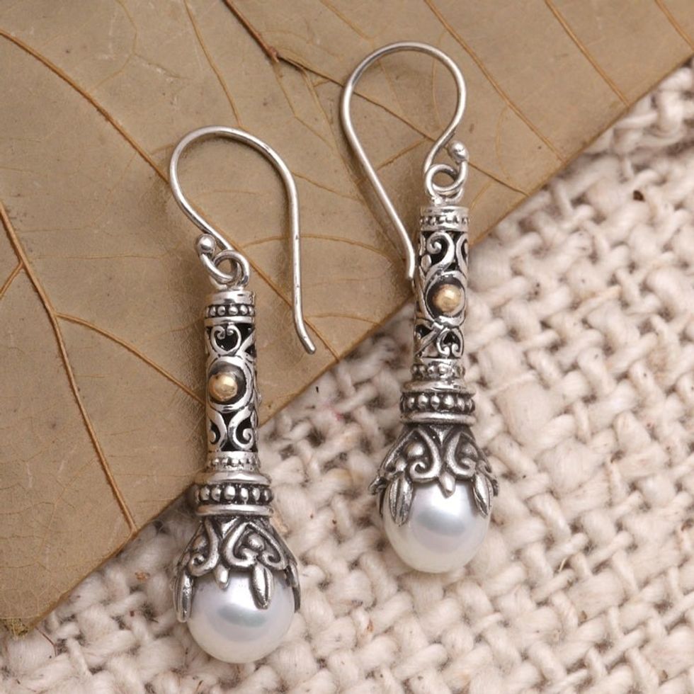 Gold Accented Cultured Pearl Dangle Earrings 'Royal Scepter'