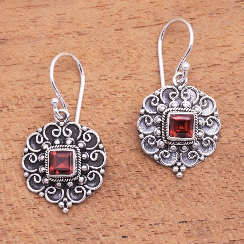 Swirl Pattern Garnet Dangle Earrings from Bali 'Fluffy Clouds'