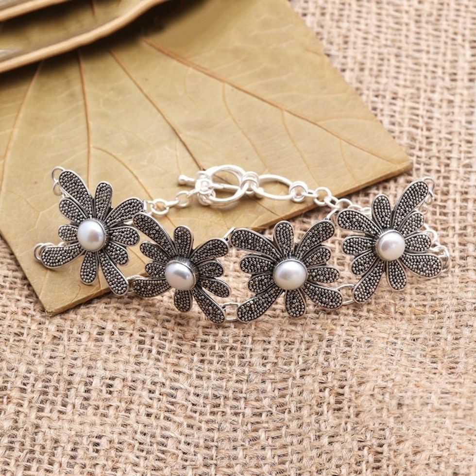Cultured Pearl Flower Link Bracelet from Bali 'Jawan Blossom'